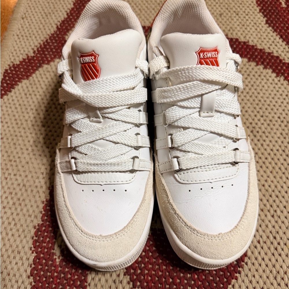 K-Swiss Classic White and Tan Sneakers